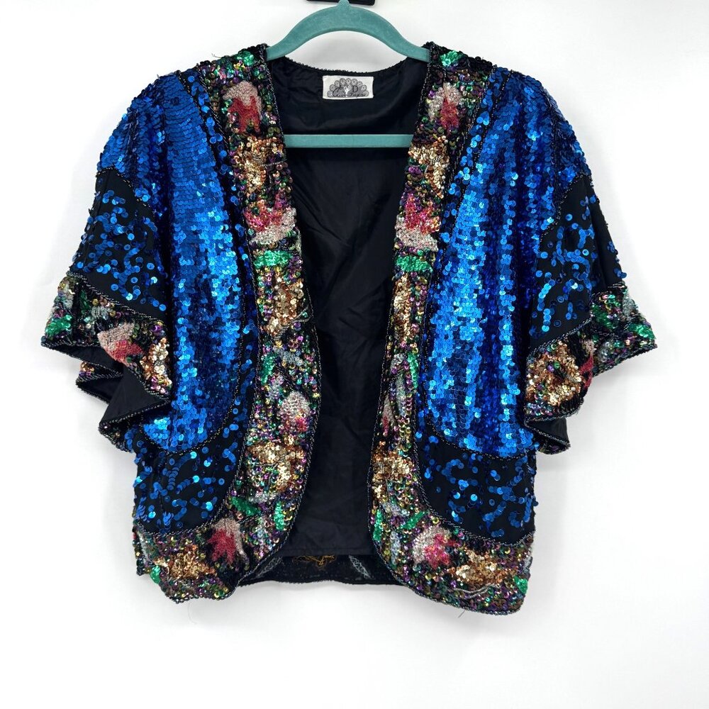 Vintage 1980s Women A D Clever Fingers Sequin seed bead embellished open jacket
